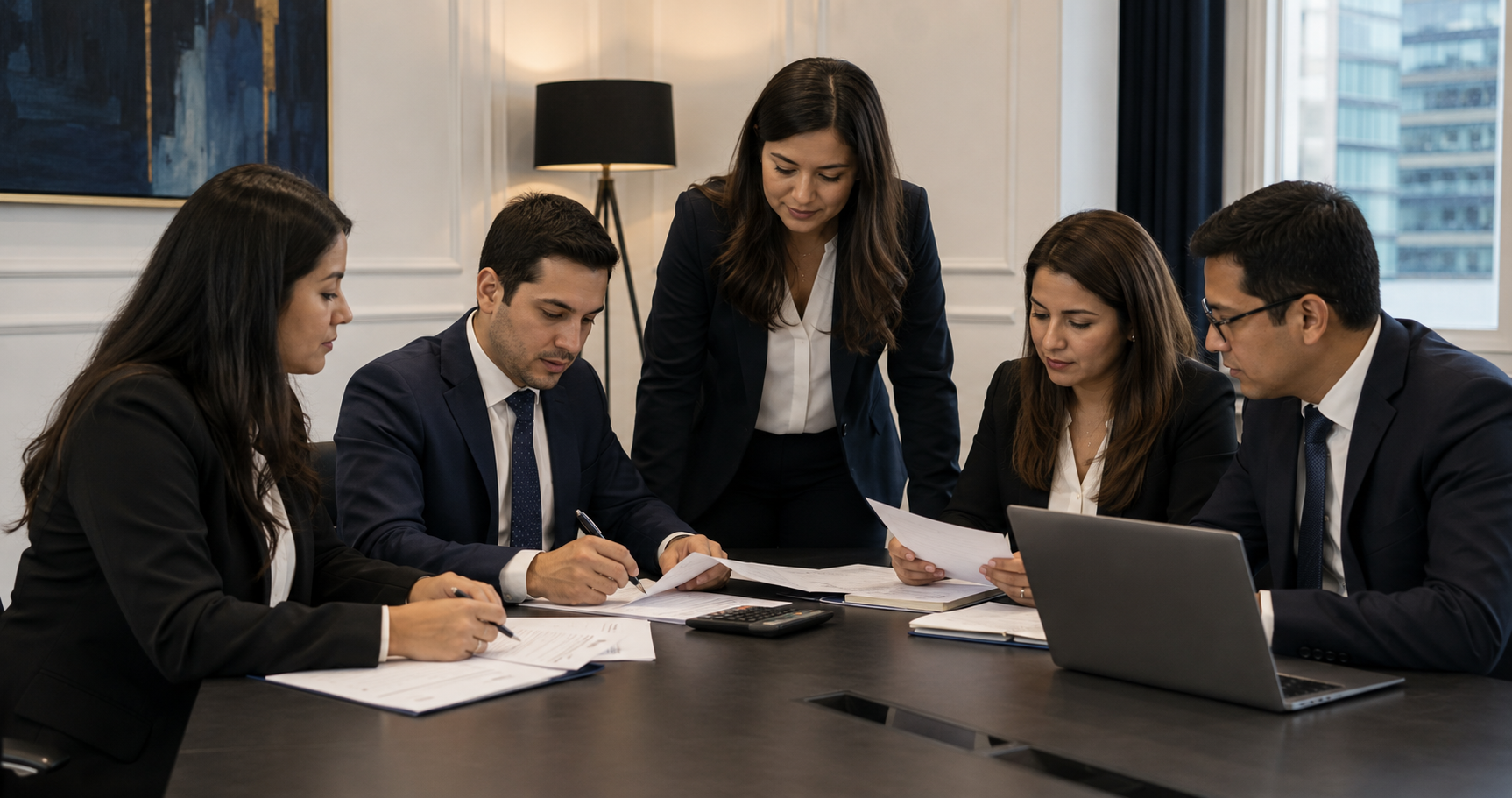 Equipo de Grupo Castañeda revisando documentación contable en una reunión de trabajo
